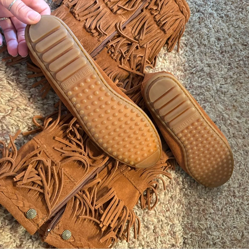 Minnetonka Fringe Suede Knee-High Boots - Brown - Picture 5 of 5